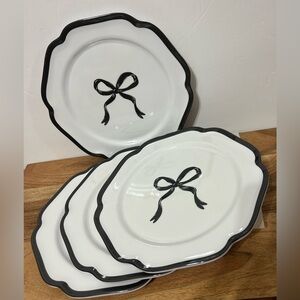 Shabby Chic Black & White Coquette Bow Salad Plates Melamine 8.25” Set of 4 NEW